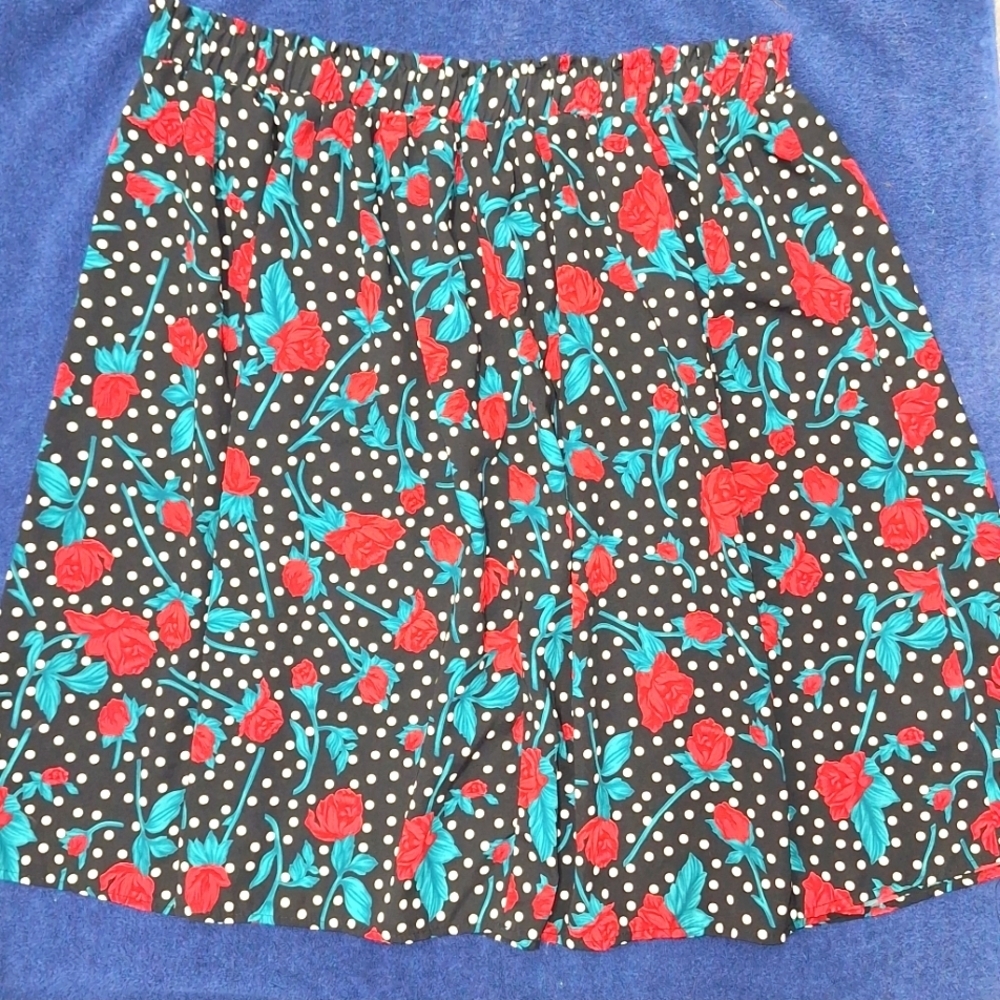 Black Floral Circle Skirt with Red Roses and Teal Leaves
